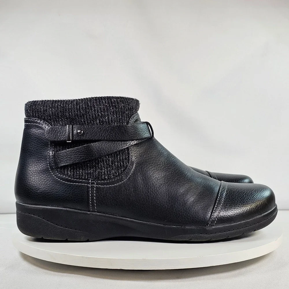 Clarks‎ Womens Black Leather Knit Collar Ankle Boots Size 10 M 261452674075